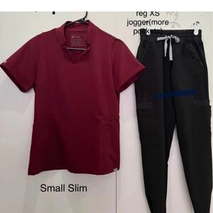 Figs Maroon Scrub Top with Black Jogger Pants